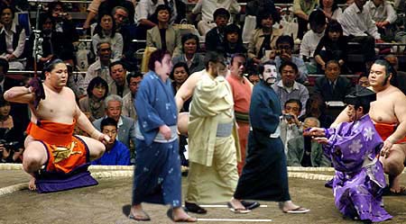 The Gardeners run away from sumo's champion Asashoryu Akinori at a sumo's court in Tokyo